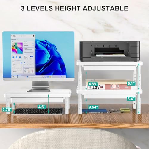 WALI Computer Monitor Stand with Storage, Monitor Riser 3 Height Adjustable | Laptop Riser with Airflow Vents, Desk Organizer for Computer, Printer, Notebook (PTT002-W), 1 Pack, White - color: White, size: 14.6"L * 9.3"W,11" 1 Drawer