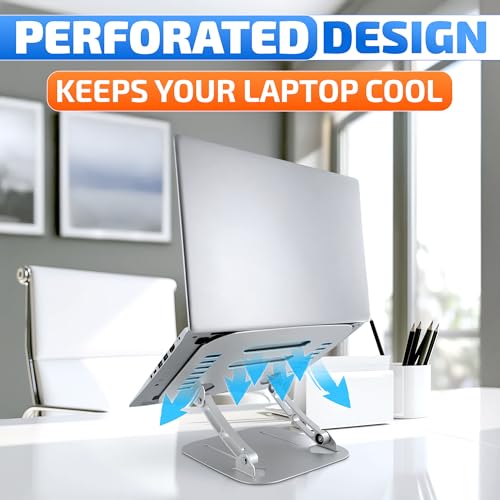 V TOWER Aluminium Laptop Stand for Desk with Adjustable Height and Angle | Adjustable Laptop Stands with Ventilation Slots, Anti-Slip Silicone Pads, Foldable Frame, for Devices from 10 up to 17.3 in