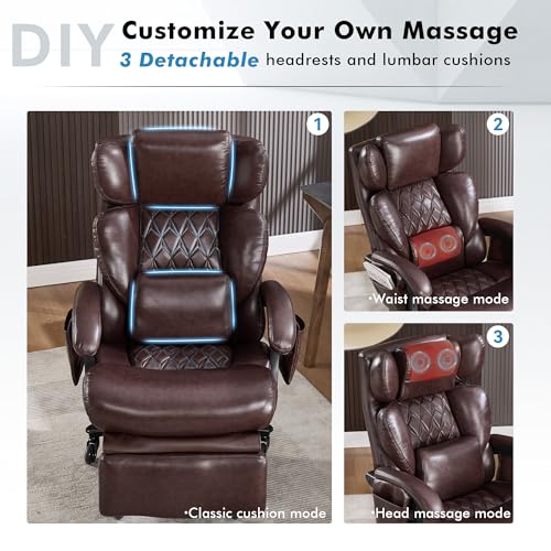 Big and Tall Ergonomic Massage Office Chair with Footrest, PU Leather Brown | 3 Removable Cushions, Heat Vibration Massage, Lumbar Support, High Back Reclining 105°-160°, 2 Pockets, Silent Wheels, 500LBS - color: Brown