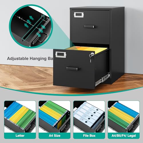 2 Drawer File Cabinet with Lock,Narrow Vertical Filing Cabinet,Under Desk File Cabinets,Black Metal File Cabinets for Home Office,Fit Letter/A4/Legal Size File, Easy Assembly - color: Black, style: 2 Drawer