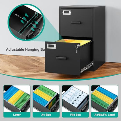 2 Drawer File Cabinet with Lock,Narrow Vertical Filing Cabinet,Under Desk File Cabinets,Black Metal File Cabinets for Home Office,Fit Letter/A4/Legal Size File, Easy Assembly - color: Black, style: 2 Drawer