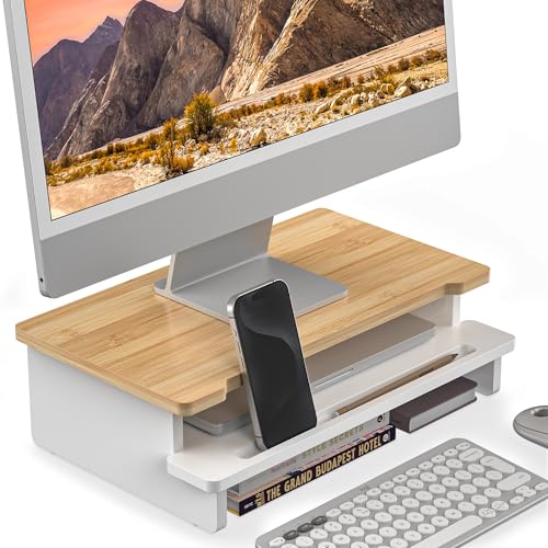 16.5” Bamboo Monitor Stand with Phone & Tablet Holder Desk Shelf - color: White, size: 16.5 inch