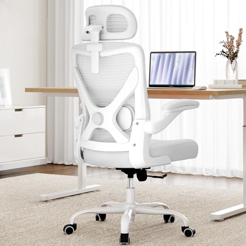 Ergonomic Office Chair: Mesh Desk Chair Comfy with Headrest& Lumbar Support | Ergalithic Big and Tall Office Chairs with Wheels & Flip-Up Arms-Computer Gaming Chairs for Adults Home Office Chairs(White) - color: White, size: Pack of 1