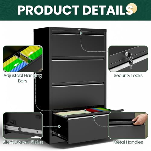 4 Drawer Lateral File Cabinet, Metal Filing Cabinet for Home Office, Black | Heavy-Duty Steel Locking Large File Cabinet, Hanging Letter/Legal/A4 Size, Full-Extension Silent Drawer, Un-Assembly - color: Black, size: 4 Drawers (35.43 in Width)