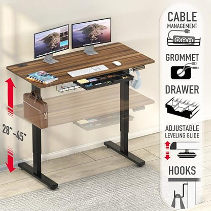 SHW 48-Inch Electric Height Adjustable Standing Desk w/Drawer, Walnut - color: Walnut, size: 48-Inch