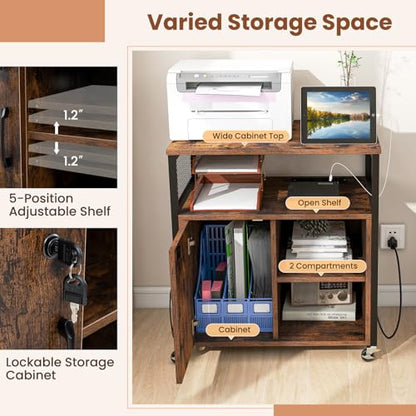 Rolling File Cabinet, Printer Stand with Charging Station (Brown) | Mobile Lateral Filing Cabinet | Adjustable Shelf & Metal Frame | Lockable Wheels | For Home Office & Small Space - color: Brown