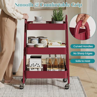 OLIXIS Metal 3 Tiers Rolling Storage Utility Cart with Lockable Wheels - color: Red, size: 3-Tiered 17 inches