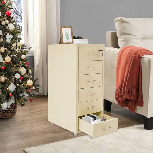 6 Drawers File Cabinet with Lock Rolling Mobile Filing Cabinet with Wheels Under Desk Vertical Filing Cabinet for Office/Home Metal (Wood Yellow) - color: Wood Yellow