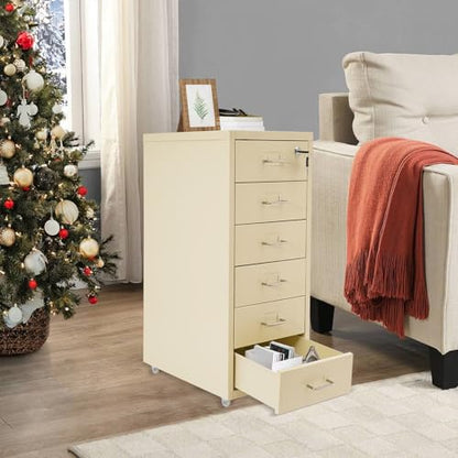 6 Drawers File Cabinet with Lock Rolling Mobile Filing Cabinet with Wheels Under Desk Vertical Filing Cabinet for Office/Home Metal (Wood Yellow) - color: Wood Yellow