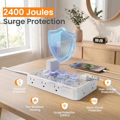 15 FT Surge Protector Power Strip with 6 USB, 16 Outlets, 2400J - color: White / Gray, size: 15 FT