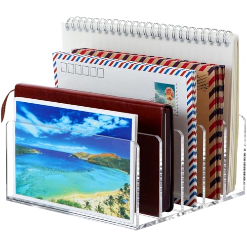 Mail Organizer Countertop, Stylish Acrylic 5 Compartments Mail Holder, Small Desk File Storage Holders for Letter, Bill, Mail Sorter, Desktop Letter Folder Holders for Office, Home, School