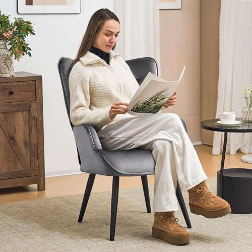 Furniliving Modern Accent Chair, Velvet Tufted Button Wingback Chair Upholstered Side Armchair Comfy Lounge Chair with Tapered Legs Sofa Leisure Chair for Home Office/Living Room/Bedroom, Grey - color: Grey, size: Set of 1