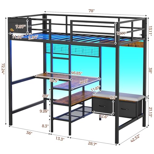 DICTAC Twin Loft Bed with L-Shaped Desk,Storage Shelves and Charging Station Metal Loft Bed Twin Size with LED Lights,Coat Rack with Drawers and Stair,Top Bunk with Safety Guardrail for Teen,Black - color: Black