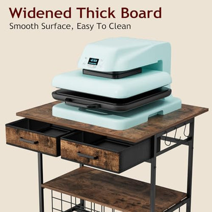 Homsorout Movable Heat Press Table with Drawer & Hooks, 23.6''×19.6'' - style: Black and Brown