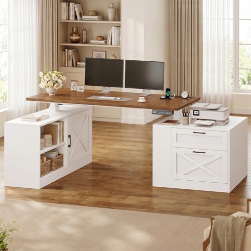 71" Farmhouse L Shaped Standing Desk, Electric Height Adjustable Corner Desk with Storage Cabinet & File Drawers, Wood Stand up Computer Desks with Power Outlets for Home Office - color: White+sliding Cabinet