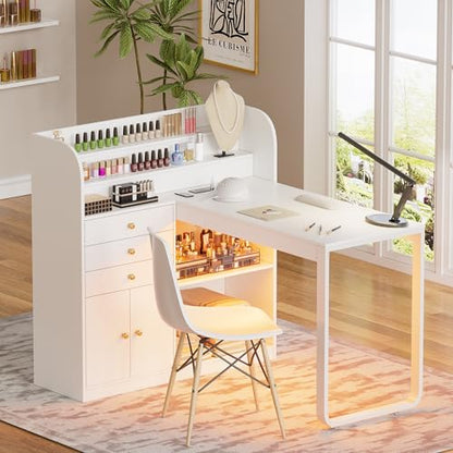 PAKASEPT L-Shaped Manicure Table with Shelves, Nail Table Desk w/Storage Drawers & Cabinet