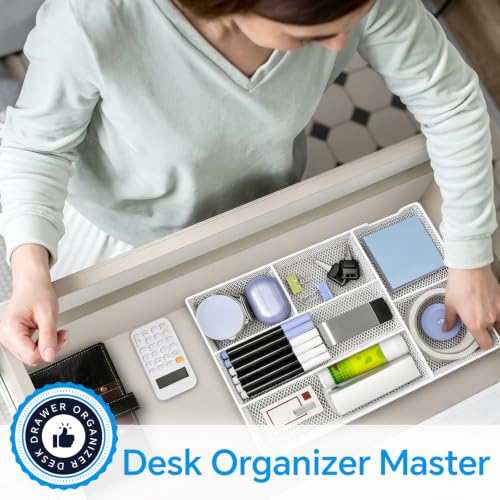 Desk Drawer Organizer, Office Drawer Divider Organizer Tray with 6 Compartments, Metal Mesh Desktop Organization and Accessories for Stationery Makeup Kitchen Toolroom School ＆ Office (Large-White) - size: Large-White