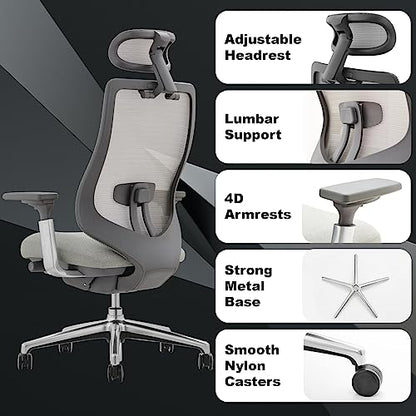 COLAMY Ergonomic Mesh Office Chair, High Back Executive Desk Chair with Adjustable Headrest, 4D Arm, Slide Seat, Tilt Lock, Lumbar Support, Light Grey