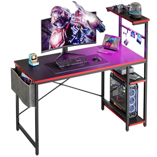 Bestier 44" Gaming Desk with LED & Storage,Gamer Desk, Carbon Fiber Black | Scratch-Resistant Laminate & Steel, 44" Desktop, X-Bar Frame with Foot Rest, 150 lb Capacity, Home Office & Game Room Ready - color: Black Carbon Fiber, size: 44 Inch