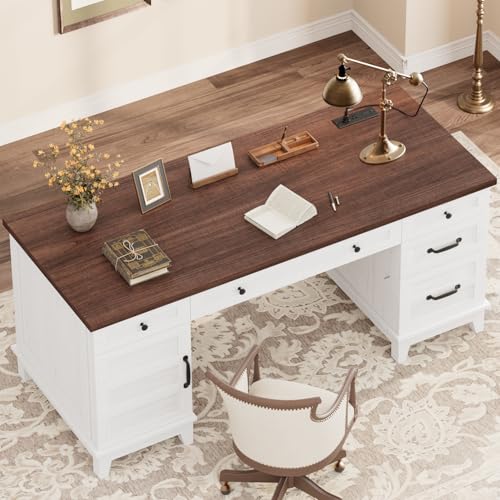 GarveeHome Executive Desk with File Drawers, Farmhouse Home Office Desk with Charging Station, 60 in Wooden Computer Desk with Cabinet Storage for Work Study Writing, White Walunt - color: White Walunt
