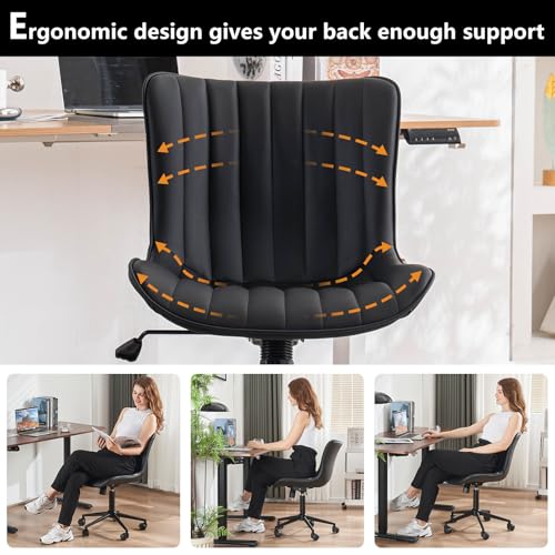 YOUNIKE Black Office Desk Chair with Wheels Armless Vanity Chair Modern | Faux Leather Upholstered with Rocking Back, Swivel Height Adjustable Small Cute Computer Rolling Task Chair Ergonomic 300lb - color: Black, size: Base Black