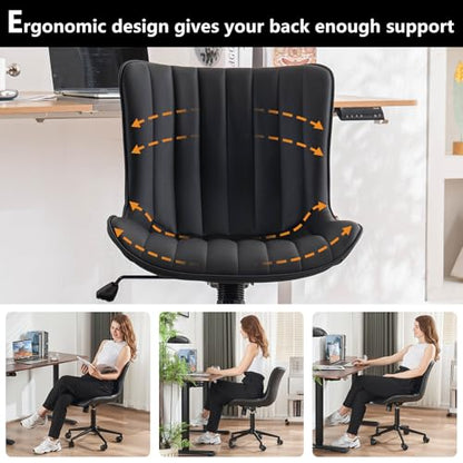 YOUNIKE Black Office Desk Chair with Wheels Armless Vanity Chair Modern | Faux Leather Upholstered with Rocking Back, Swivel Height Adjustable Small Cute Computer Rolling Task Chair Ergonomic 300lb - color: Black, size: Base Black