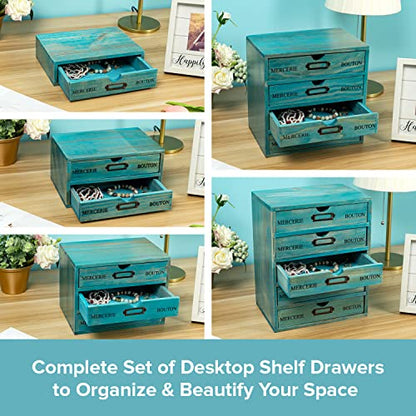 5-piece Full Matching Set Turquoise Wooden Cabinets,European Country Style Desk Organizer Boxes,Multi-level Teal Wooden Stackable Drawers,Countertop Organizer Drawers w/ Label Holder,Desktop Chests - style: Matching set I All 5 styles