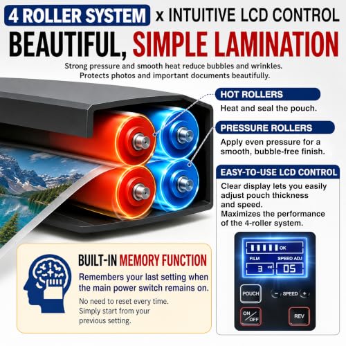 SINCHI 13-Inch 4-Roller Thermal Laminator & Foil Applicator w/LCD Display, 30s Warm-Up, 16s/Sheet, Supports 3–10 Mil, Micro-Adjust for Smoother Results, Commercial-Grade for Busy Offices, DIY Crafts