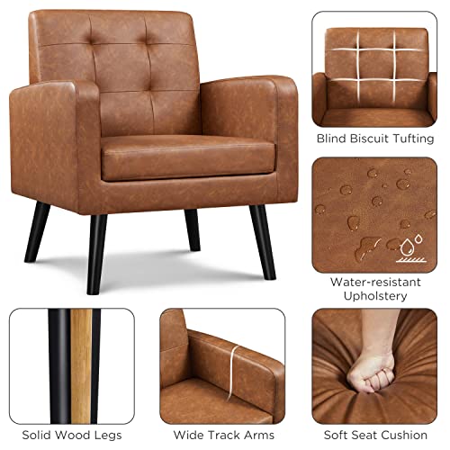 Yaheetech Mid Century Accent Chair Living Room Chair Retro Brown | Faux Leather Upholstered Sillones Para Sala, Modern Reading Nook Chair, Button Tufted Back, Rubberwood Legs, Bedroom Office - color: Retro Brown, size: set of 1