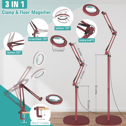 12X Magnifying Glass with Light and Stand, Real Glass Lens (Not Acrylic), 5 Color Modes, Stepless Dimmable, LED 3-in-1 Floor Lamp, Swing Arm with Clamp, Lighted Magnifier Hands Free for Crafts - Red - color: Red