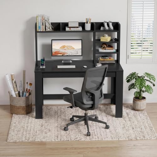 WINAZ 43" Black Gaming Desk with Hutch and Built-in Power Outlet | Modern Computer Desk with 3-Tier Storage Shelves and Hutch, Space-Saving Writing Table for Home Office - color: Black