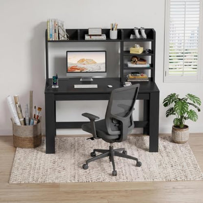 WINAZ 43" Black Gaming Desk with Hutch and Built-in Power Outlet | Modern Computer Desk with 3-Tier Storage Shelves and Hutch, Space-Saving Writing Table for Home Office - color: Black