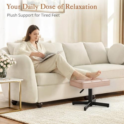 LUE BONA Adjustable Vanity Stool, 15''-19.5'' Foot Rest Under Desk, 360° Swivel Vanity Chair for Makeup Room, Rose Gold Upholstered Faux Leather Ottoman for Bathroom & Living Room, 300lbs - color: Rose Gold