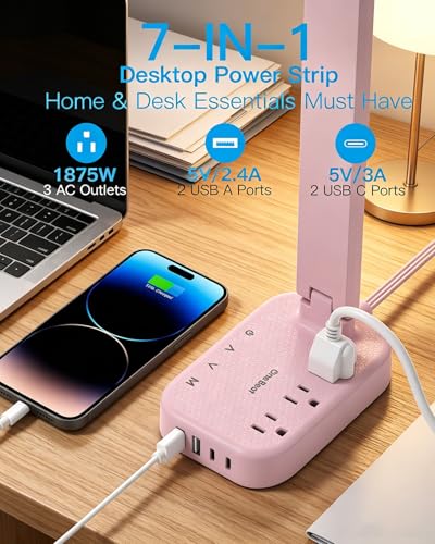 LED Desk Lamp, Power Strip with 4 USB 3 Outlets, Dorm Room Essentials, Pink - color: Pink, size: 5 Ft