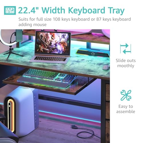 Lufeiya Gaming Desk with LED Lights and Power Outlets, 47 Inch Home Office Desks with Keyboard Tray, Computer Desk with File Drawers Cabinet, Writing Table PC Desks with Monitor Stand, Rustic Brown