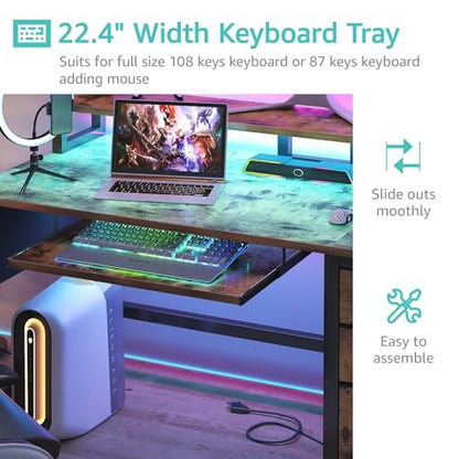 Lufeiya Gaming Desk with LED Lights and Power Outlets, 47 Inch Home Office Desks with Keyboard Tray, Computer Desk with File Drawers Cabinet, Writing Table PC Desks with Monitor Stand, Rustic Brown