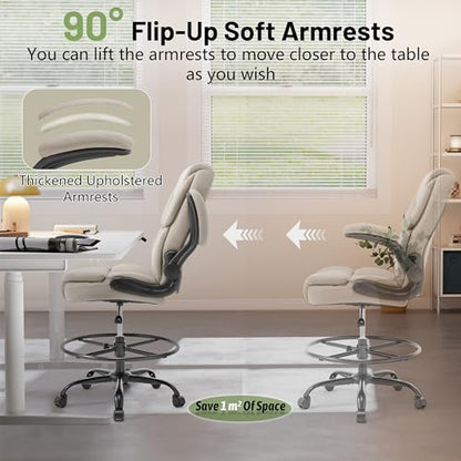 500LBS Drafting Chair, High Back Safer Standing Desk Chair, Executive Tall Office Chair with Flip-up Armrests, Upholstered PU Leather Task Chair, Ergonomic Seat with Adjustable Height&Foot Ring,Beige - color: Beige
