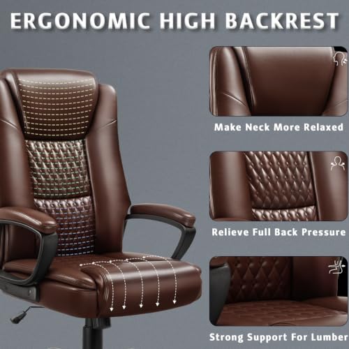 LEMBERI High Back PU Leather Executive Office Chair, Adjustable Swivel Computer Desk Chair with Padded Armrests for Home Office, Brown - color: Brown