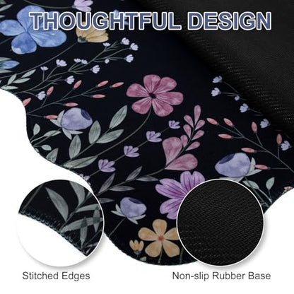 L-SPOUTTO Black Floral Mouse Pad,Scalloped Desk Mat XXL Gaming Mousepad | Botanical 35.4x15.7in Large Non-Slip Rubber Base Keyboard Pad Waterproof Desktop Mat for Laptop Computer Game Home Office - color: Flowers