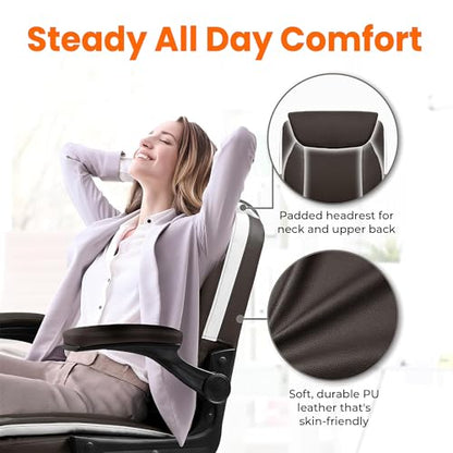 NEO CHAIR PU Leather Office Desk Chair with Adjustable Arms, Brown | Ergonomic Mid Back Computer Desk Chair Comfy with Wheels Swivel Rolling for Home Office Gaming Study - color: Brown