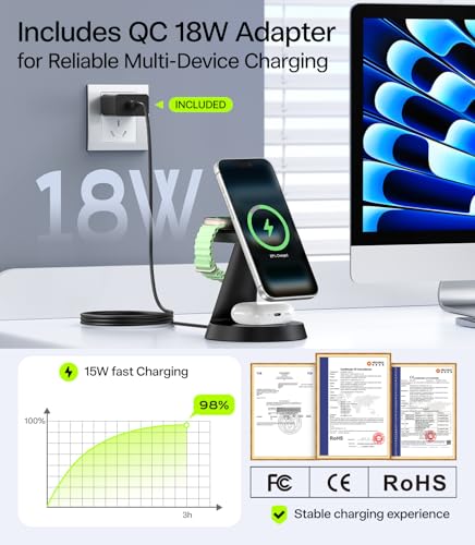 3 in 1 Magnetic Charging Station for iPhone 17-12 Series, iWatch &AirPods | 15W Wireless Charger Compatible with MagSafe, for Multiple Apple Devices, QC Adapter Included, Built-in Heat Dissipation - size: 15W Max for Phone