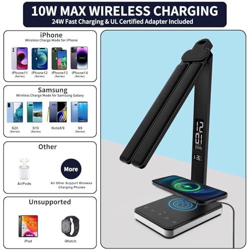 LED Desk Lamp with Charger, USB Charging Port, Dual Swing Arm Desk Light with 5 Brightness, 3 Colors, Table Lamp with Clock, Alarm, Date, Temperature, Desk Lamp for Home Office Study (Black) - color: Dual-Head Black