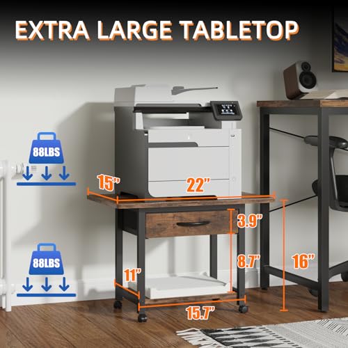 YAOHUOO 22"x15" Large Printer Stand with Drawer, 2-Tier Rolling Table Cart - color: Rustic Brown, size: 2-Tier