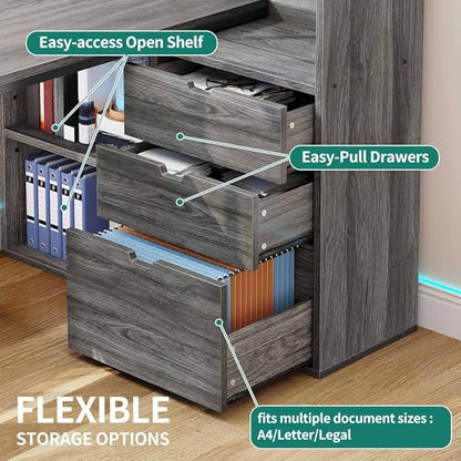 YITAHOME Grey L Desk, 55.1-Inch Top, Hanging-File Drawer - color: Grey