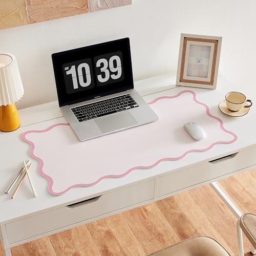 Scalloped Desk Mat, 31.5" x 15.7", PU Leather, Waterproof Anti-Slip, Cute Aesthetic Desk Pad for Office/Home/Game/Vanity (Pink, 31.5 X 15.7) - color: Pink