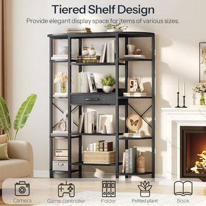HOOBRO Triple Column 5 Tier Book Shelf, Industrial Bookcase with 12 Open Display Shelves and Fabric Drawer, Wide Bookshelf for Home Office, Living Room, Easy Assembly, Black BB161SJ01
