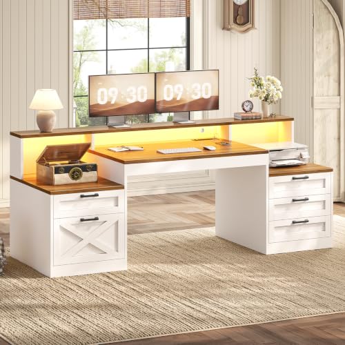 SEDETA 63" Farmhouse Office Desk with 5 Drawers, White and Brown | Executive Computer Desk with LED Lights & Monitor Stand, Wood Home Office Desk with 2 Printer Stand & Power Outlet - color: White and Brown, size: Executive Office Desk(63")