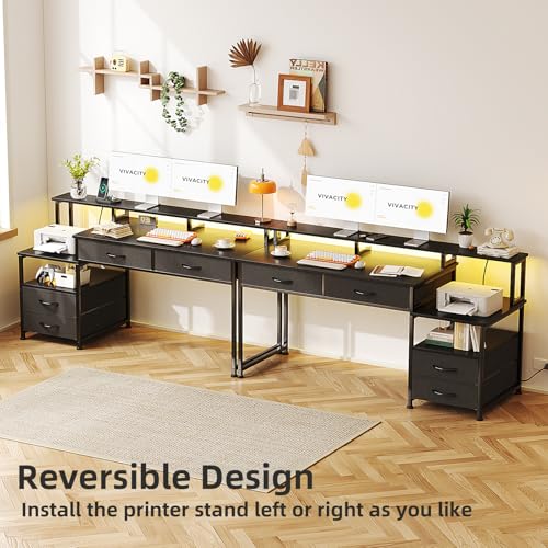 MUTUN 53" Computer Desk with 4 Drawers & Power Outlets, Reversible Home Office Desk with Monitor Stand & Printer Stand, Gaming Desk with Led Lights, Study Writing Work Desk Table for Bedroom (Black) - color: Black