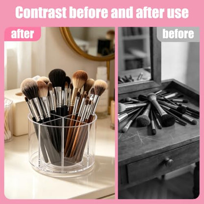 Acrylic Makeup Brush Holder, Clear Rotating Makeup Brush Holder Organizer, Make up Brush Stand with 4 Slots for Vanity Desk Countertop - size: Round-6in