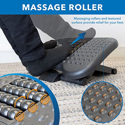 Mount-It! Ergonomic Under Desk Footrest with Massage Rollers, Adjustable Height & 30° Tilt Foot Rest Under Desk (4.25"–6.75"), Office Foot Stool with Non Slip Surface